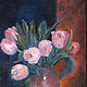 Oil painting. Tulips on a background of red with blue, Pictures, Moscow,  Фото №1