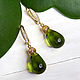 Drop earrings in olive color with an English lock in gold, Earrings, Moscow,  Фото №1
