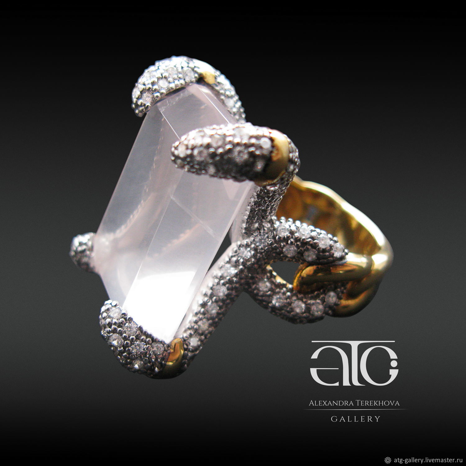 Amazing ring with large pink quartz! 180 cubic zirconias!
