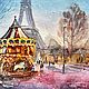 Magical Christmas Paris winter snow city watercolor painting, Pictures, Kemerovo,  Фото №1