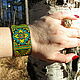 Кожаный браслет с росписью зеленый, браслет-манжета в подарок женщине, Браслет-манжета, Иркутск,  Фото №1