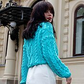 Одежда handmade. Livemaster - original item Bomber jacket: Women`s knitted bomber turquoise large knit in stock. Handmade.