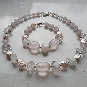 Украшения handmade. Livemaster - original item Set of necklace and bracelet made of rose quartz and pearls. Handmade.
