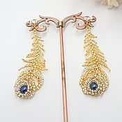 Украшения handmade. Livemaster - original item Long stud earrings peacock Feather with pearls. Handmade.