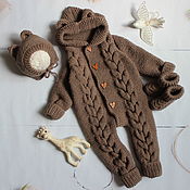 Работы для детей, handmade. Livemaster - original item Knit kit. Knitted Romper Bear. Hat with ears. booties.. Handmade.