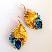 Yellow blue gold Bead Embroidered necklace Matching Jewelry Set