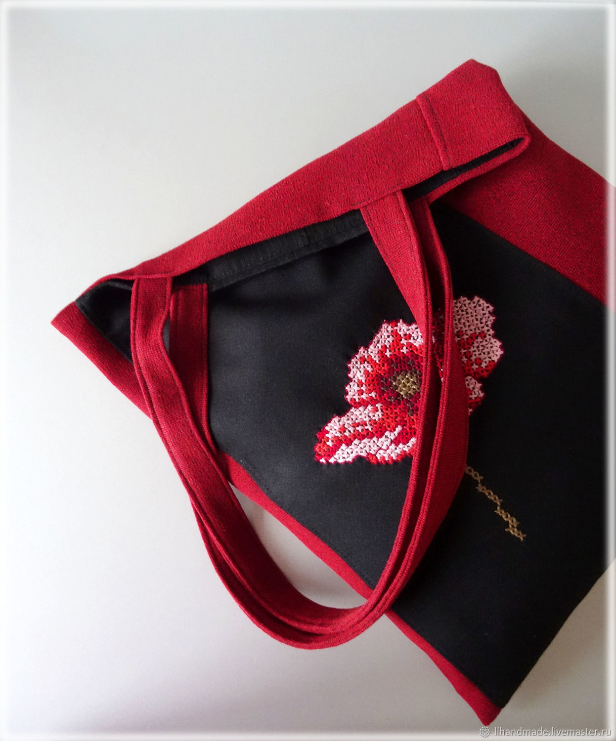 Эко-сумка "Мак" - ручная вышивка, авоська, черная сумка, красная сумка