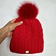 Red hat, red POM-POM hat lined winter hat, Caps, Novoorsk,  Фото №1