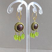 Украшения handmade. Livemaster - original item Brown round earrings made of wood, green leaf earrings. Handmade.