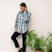 Одежда handmade. Livemaster - original item Shirt in men`s style Turquoise checkered with embroidery. Handmade.