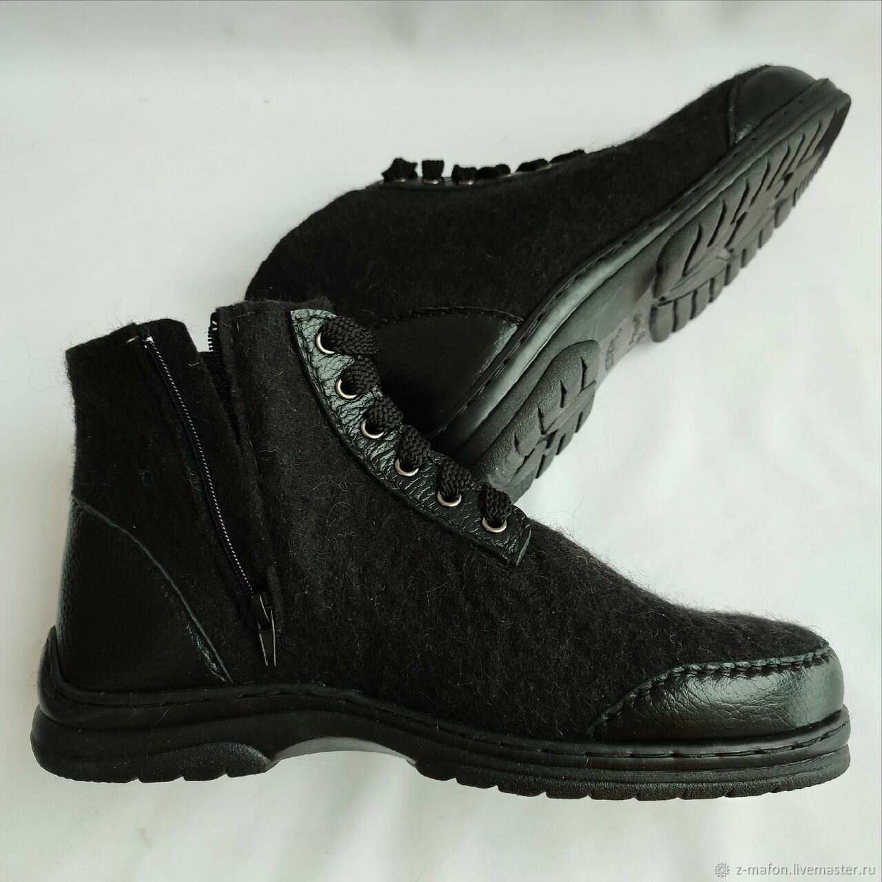 Men's Winter boots felted Black h 12, zipper lacing leather, Boots, Tomsk,  Фото №1