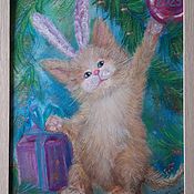 Картины и панно handmade. Livemaster - original item The symbol of the year is a positive cute cat with bunny ears. Handmade.