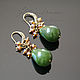 Drop earrings with gorgeous large jade rich color of green grass complemented by small faceted brownish yellow crystals with a Sunny amber glow.