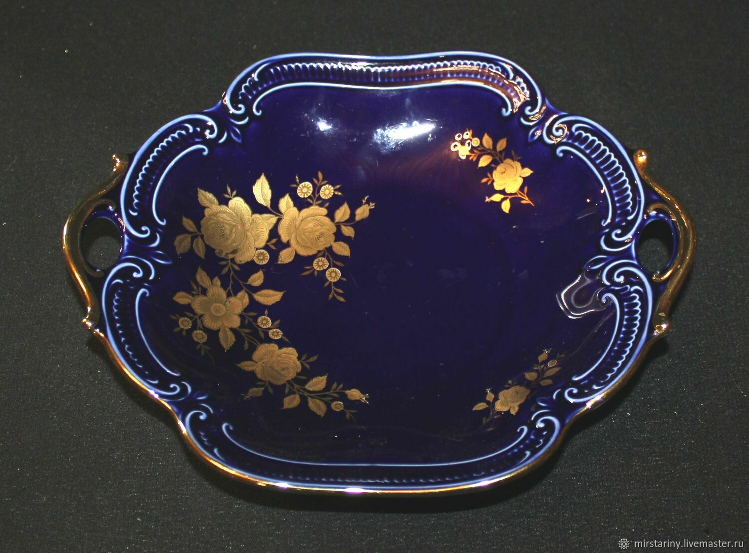 Cobalt breadcrumbs (dish) with golden flowers, Germany, Vintage kitchen utensils, Moscow,  Фото №1