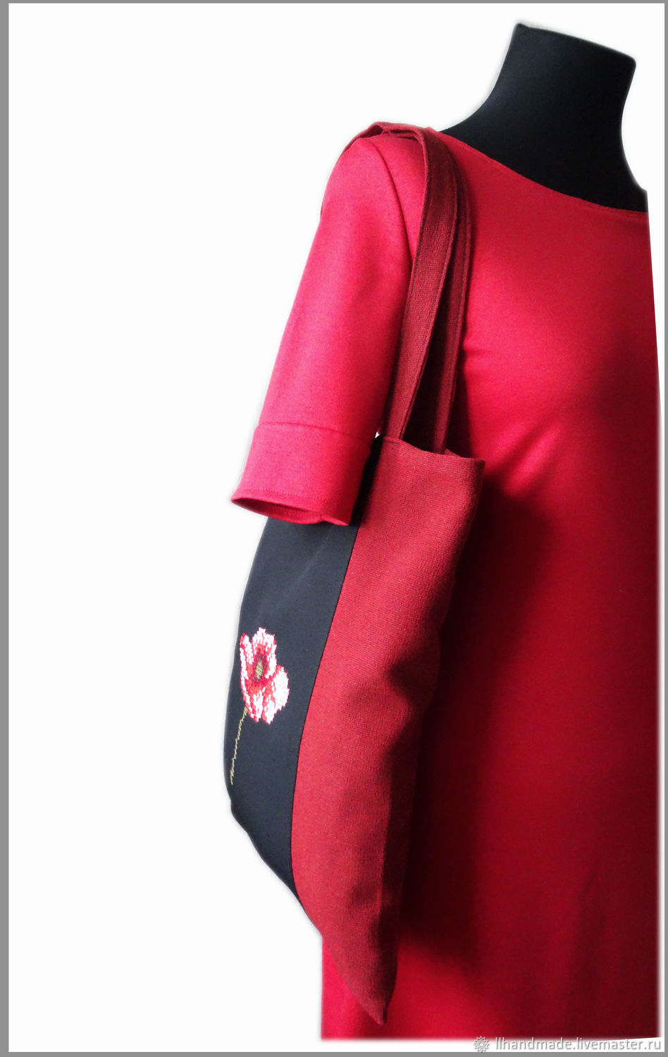 Эко-сумка "Мак" - ручная вышивка, авоська, черная сумка, красная сумка