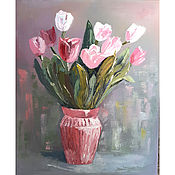 Картины и панно ручной работы. Ярмарка Мастеров - ручная работа Ramo de flores tulipanes en florero pintura interior. Handmade.