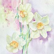 watercolor. Watercolor miniature. flowers. daffodils