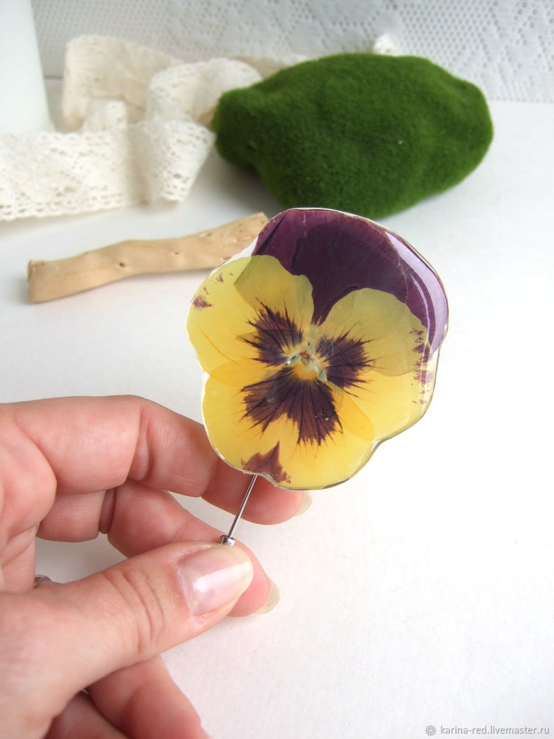 Brooch-needle Pansy Viola Real Flower Resin Jewelry Boho Brooch, Stick pin, Taganrog,  Фото №1