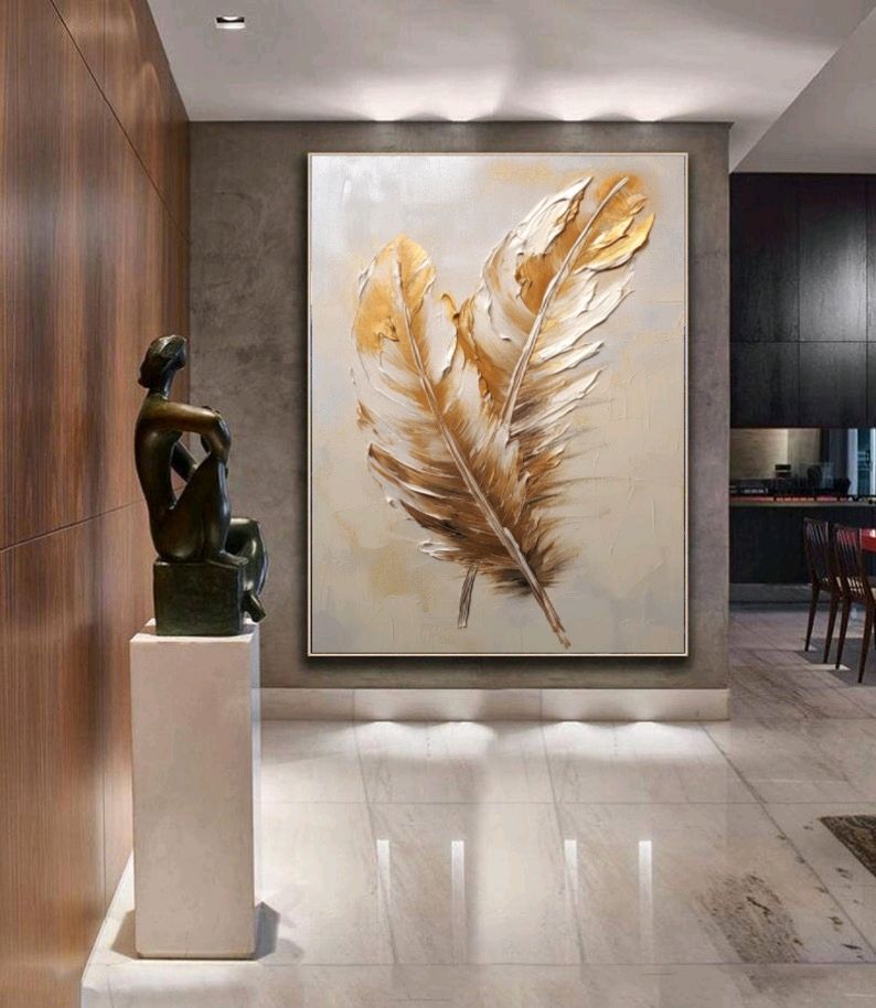 Большая масляная картина на холсте купить Золотые перья маслом в ...