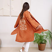 Одежда handmade. Livemaster - original item Elongated Linen Shirt Copper Color with Powder Color Embroidery. Handmade.
