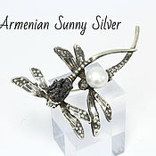 Украшения handmade. Livemaster - original item Two Dragonfly Pin Brooch with pearls in 925 Sterling Silver TS0010. Handmade.