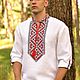 Мужская сорочка-вышиванка с традиционной красно-черной вышивкой, Рубашки мужские, Чернигов,  Фото №1