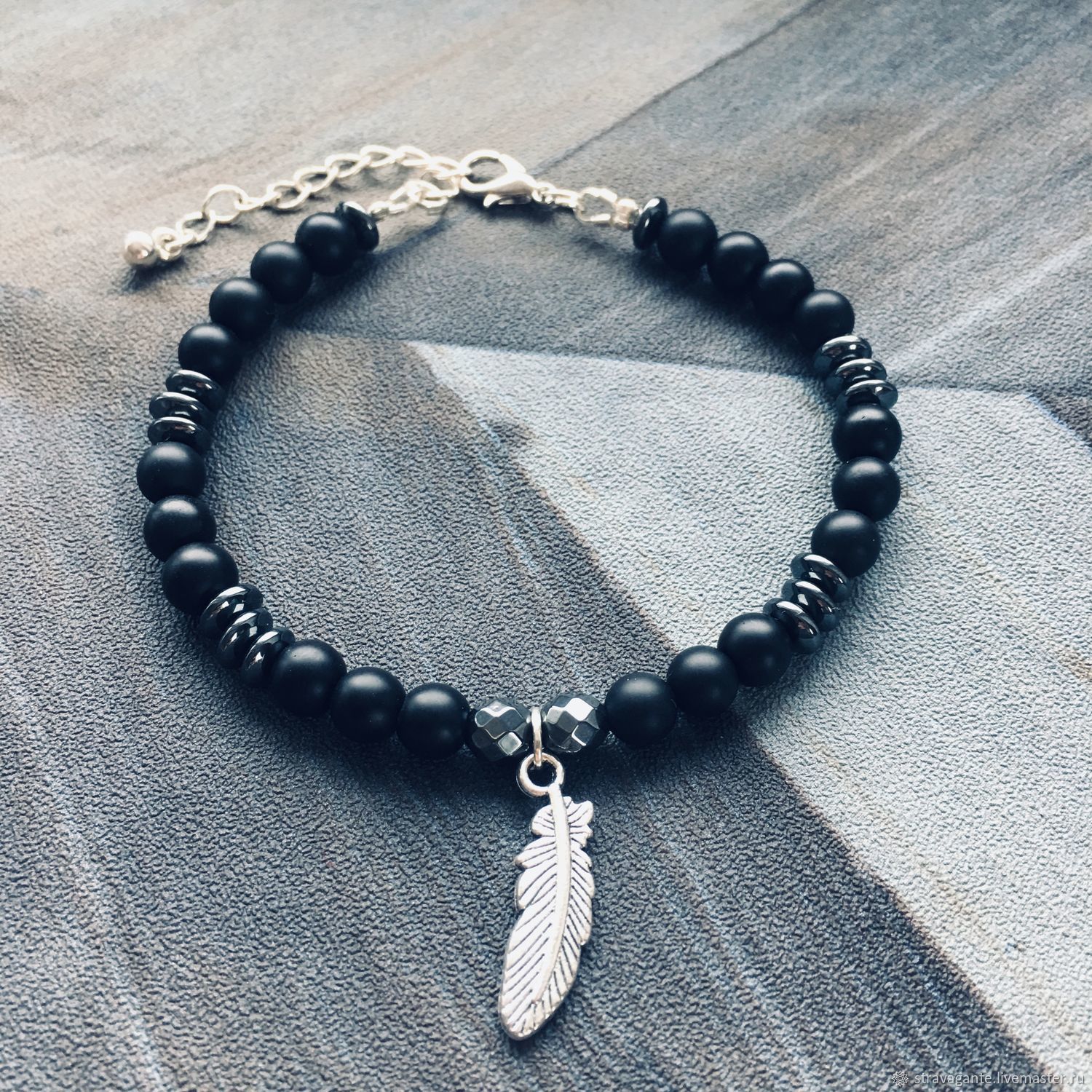 Bracelet made of shungite and hematite with a feather pendant, Bead bracelet, St. Petersburg,  Фото №1