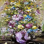 Oil painting with flowers in transparent vase
