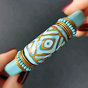 Кожаный браслет с декором "Геометрия синяя гамма"