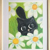 Картины и панно handmade. Livemaster - original item Oil pastel painting children`s cat in daisies 