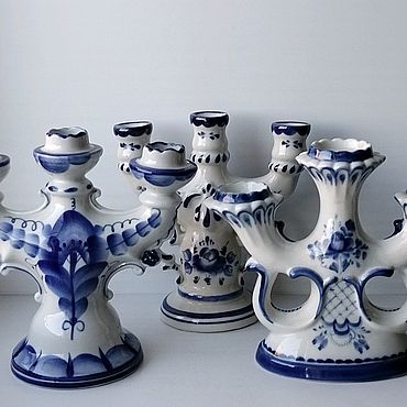 Винтаж ручной работы. Ярмарка Мастеров - ручная работа Винтаж: Подсвечники на 3 свечи Гжель. Handmade.