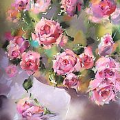 Картины и панно handmade. Livemaster - original item Pictures: Paintings with flowers Pastel watercolor (pink roses green). Handmade.