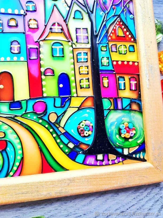 Картины: Витражная картина Разноцветные домики 22х22 см купить в ...