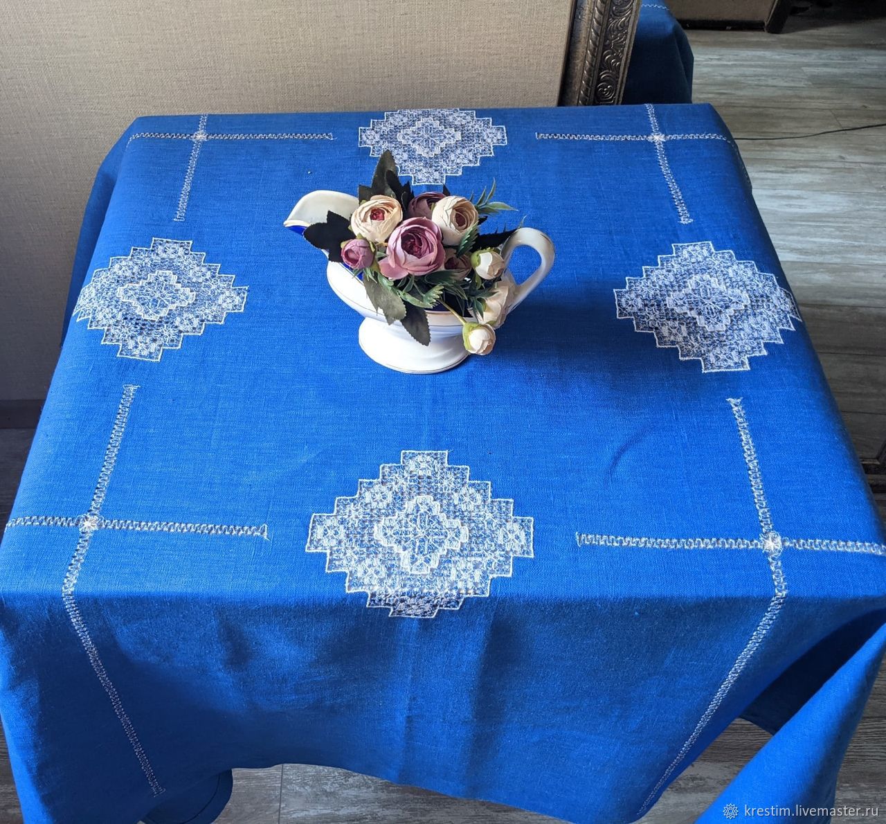 Tablecloth 147/147 linen 100% blue 4 cubans (napkins optional, Tablecloths, St. Petersburg,  Фото №1