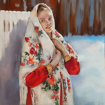 старинный русский женский портрет в платке и сарафане