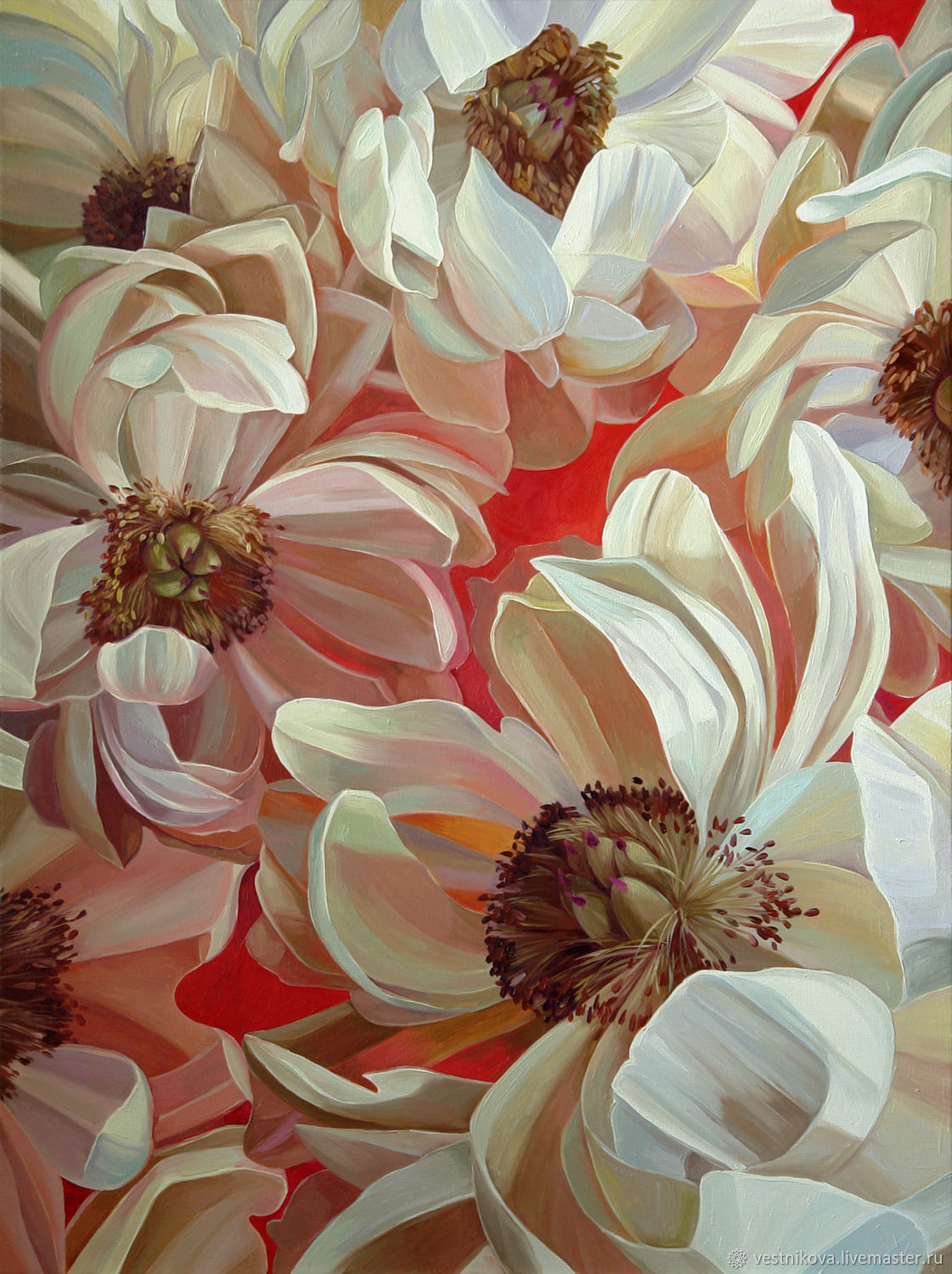 Painting 'White peonies on a red background' Oil on canvas 60h80cm, Pictures, Moscow,  Фото №1