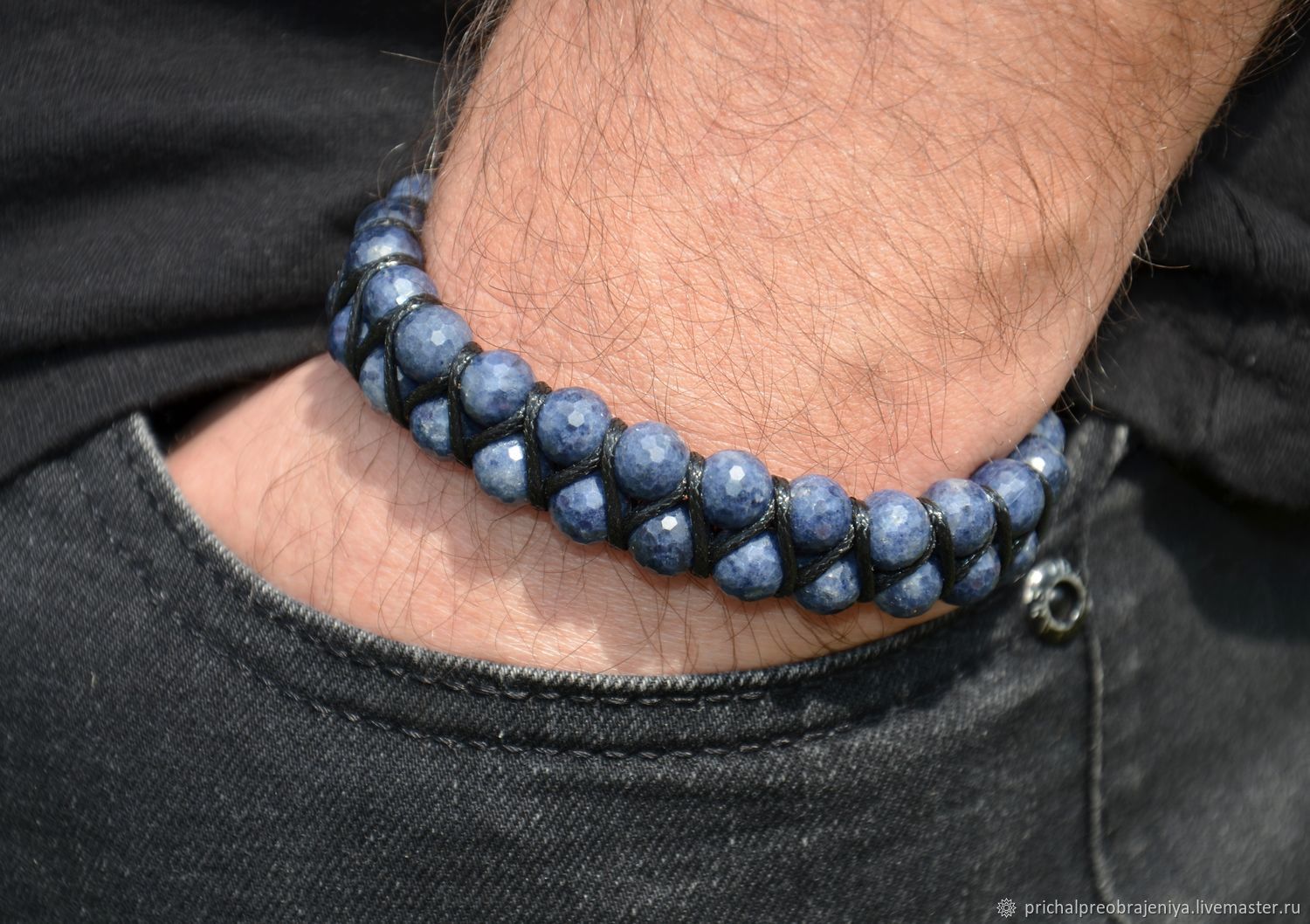 Мужской браслет с сапфиром корунд 8мм Браслет с сапфиром купить в интернет-магазине Ярмарка Мастеров по цене 28000 ₽ – VIYNFRU, Браслет из бусин, Москва - доставка по России