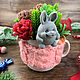Soap bouquet in a porcelain cup With a baby rabbit, Figurine, Moscow,  Фото №1