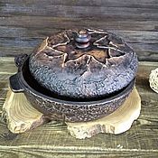 Кеци-жаровня глиняная с декором укроп с крышкой и ручками. Кеци