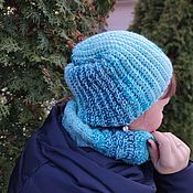 Аксессуары handmade. Livemaster - original item Blue hat and Snood in 1 turn crocheted for girls. Handmade.