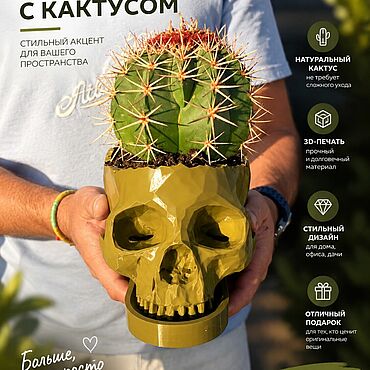 Цветы и флористика ручной работы. Ярмарка Мастеров - ручная работа Кашпо-череп с живым кактусом. Handmade.