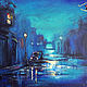 Paintings: acrylic painting acrylic city night turquoise FOG, Pictures, Moscow,  Фото №1