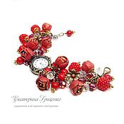 Women's wrist watch. Watch bracelet with flowers leather. quartz watch