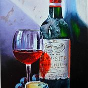 Картина маслом Натюрморт /1/ Бокал вина и фрукты Виноград и малина