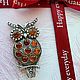 Серебряная брошь "Сова" с янтарем. Брошь-булавка. Silvernewline. Интернет-магазин Ярмарка Мастеров.  Фото №2