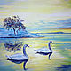 Oil painting Two swans: winter, lake, sunset, pair of birds, snow, winter, Pictures, Murmansk,  Фото №1