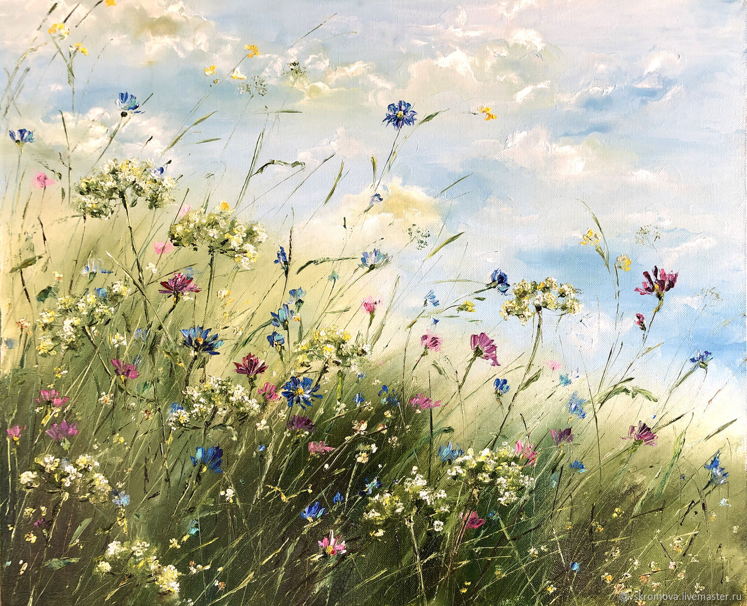 Картина маслом Пейзаж с полевыми цветами и васильками в интернет-магазинеЯрмарка Мастеров по цене 70000 ₽ – KWTCMRU