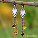 Silver earrings with chains Leaves, Baltic amber, Earrings, Moscow,  Фото №1