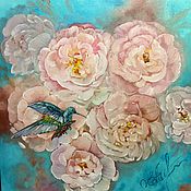 Картины и панно handmade. Livemaster - original item Oil painting of hummingbirds and pink peonies square. Handmade.