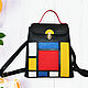 Black leather backpack with red yellow,blue squares Mondrian, Backpacks, Bologna,  Фото №1